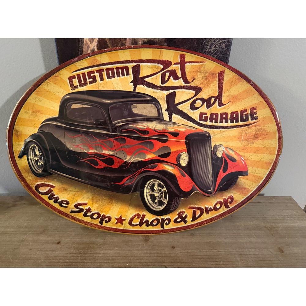 Custom Rat Rod Garage Metal Sign Oval Embossed Tin Hot Rod Flame Wall Decor